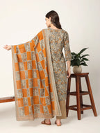 Yufta Mustard And Gray Cotton Dori_Embroidery Kurta Dupatta Pant Set