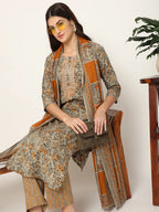 Yufta Mustard And Gray Cotton Dori_Embroidery Kurta Dupatta Pant Set