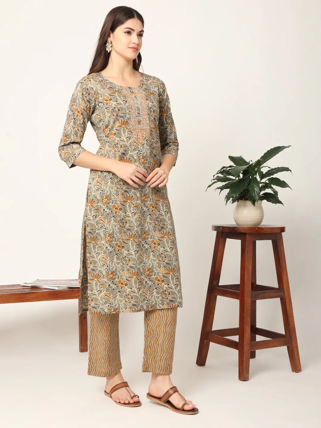 Yufta Mustard And Gray Cotton Dori_Embroidery Kurta Dupatta Pant Set