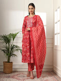 Yufta Pure Cotton Red Anarkali Dupatta Pant Set