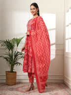 Yufta Pure Cotton Red Anarkali Dupatta Pant Set