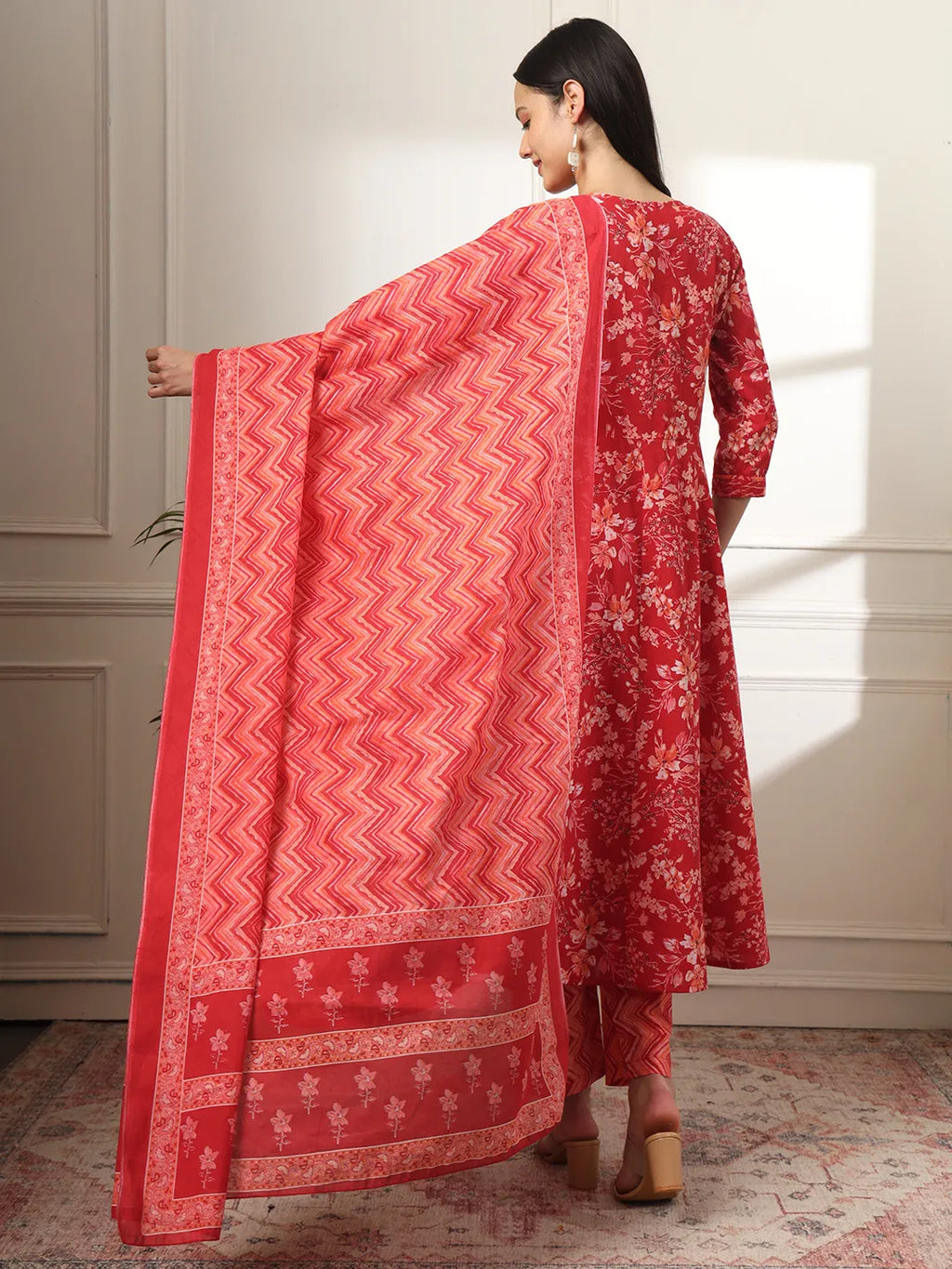 Yufta Pure Cotton Red Anarkali Dupatta Pant Set