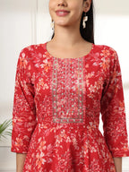 Yufta Pure Cotton Red Anarkali Dupatta Pant Set