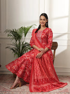 Yufta Pure Cotton Red Anarkali Dupatta Pant Set