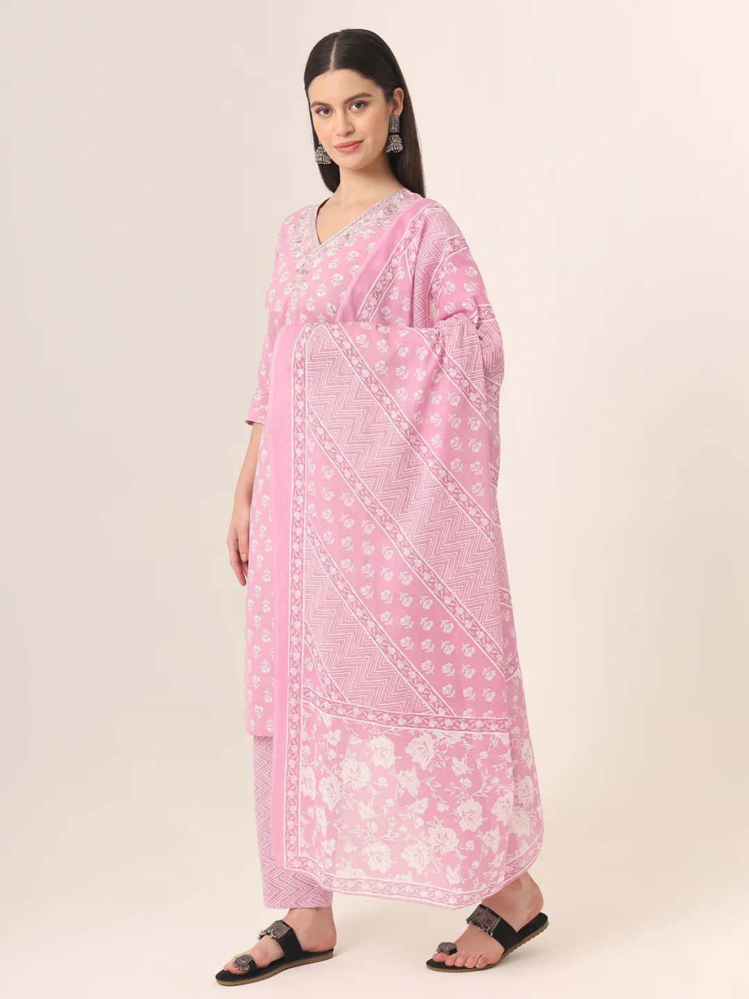 Yufta Pure Cotton Pink Kurta Dupatta Pant Set - Distacart