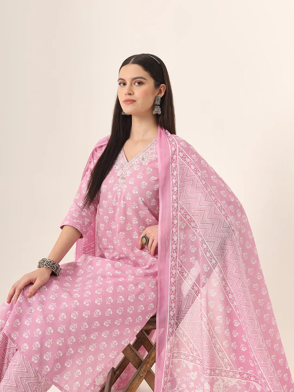 Yufta Pure Cotton Pink Kurta Dupatta Pant Set - Distacart