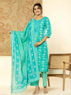 Yufta Pure Cotton Turquoise Blue Floral Embroidery Kurta Dupatta Pant Set - Distacart