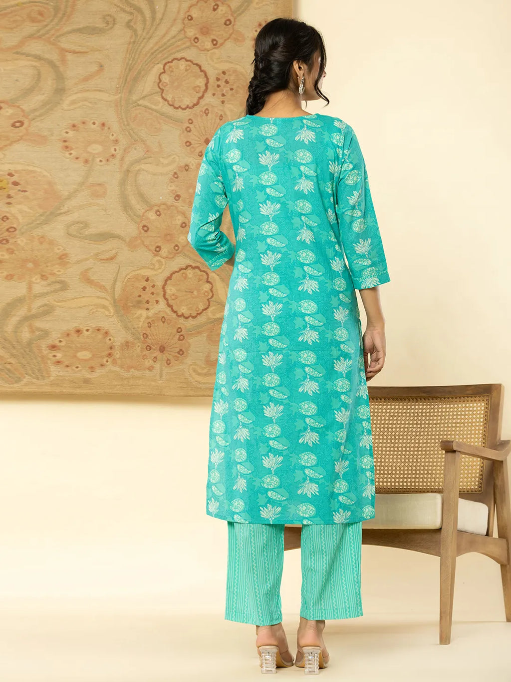 Yufta Pure Cotton Turquoise Blue Floral Embroidery Kurta Dupatta Pant Set - Distacart