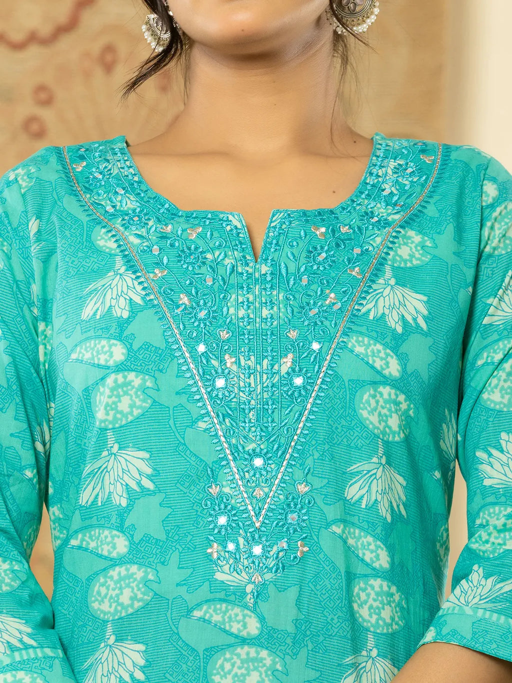 Yufta Pure Cotton Turquoise Blue Floral Embroidery Kurta Dupatta Pant Set - Distacart