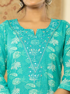 Yufta Pure Cotton Turquoise Blue Floral Embroidery Kurta Dupatta Pant Set - Distacart