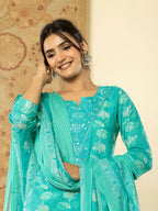 Yufta Pure Cotton Turquoise Blue Floral Embroidery Kurta Dupatta Pant Set - Distacart