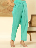 Yufta Pure Cotton Turquoise Blue Floral Embroidery Kurta Dupatta Pant Set - Distacart