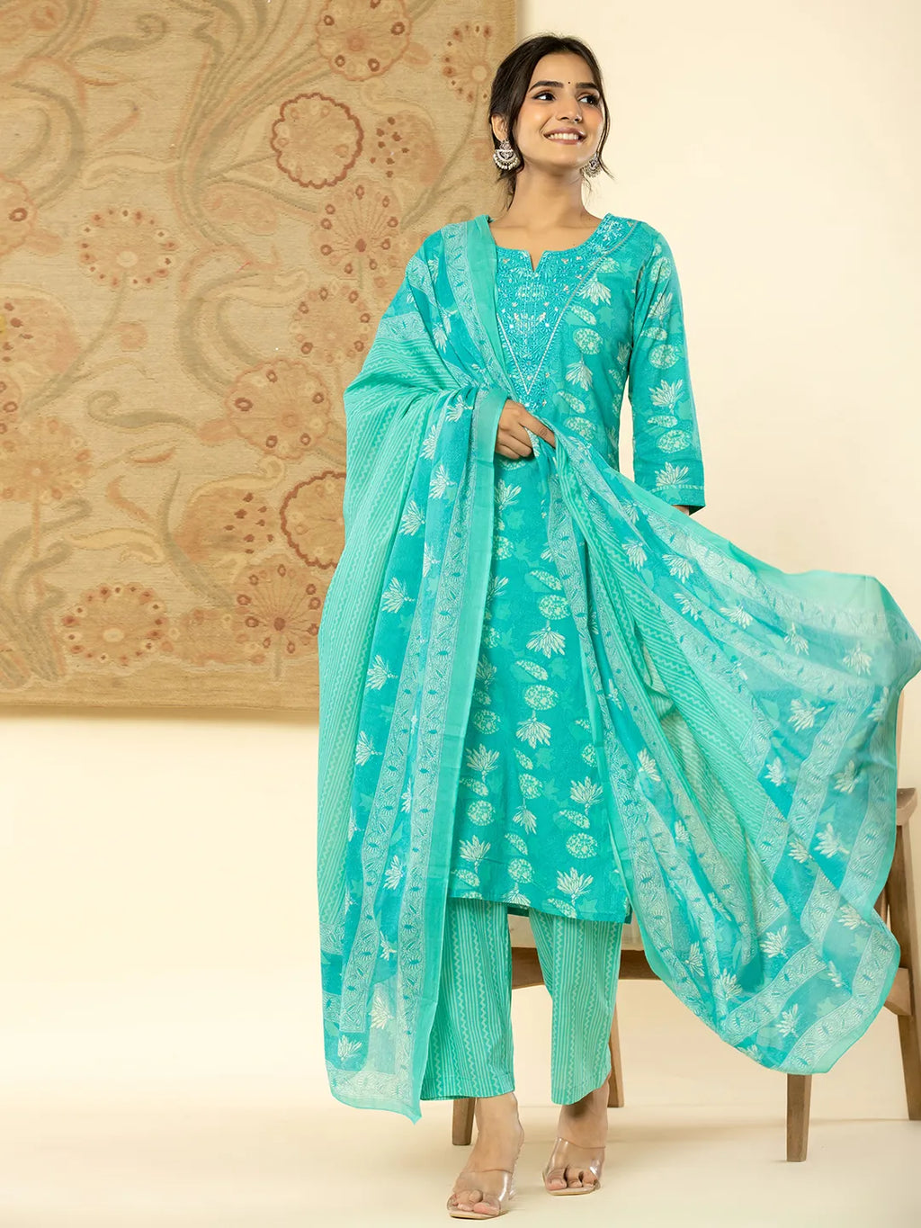 Yufta Pure Cotton Turquoise Blue Floral Embroidery Kurta Dupatta Pant Set - Distacart