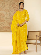 Yufta Cotton Mustard Floral Embroidery Mirror Work Kurta Dupatta Pant Set - Distacart