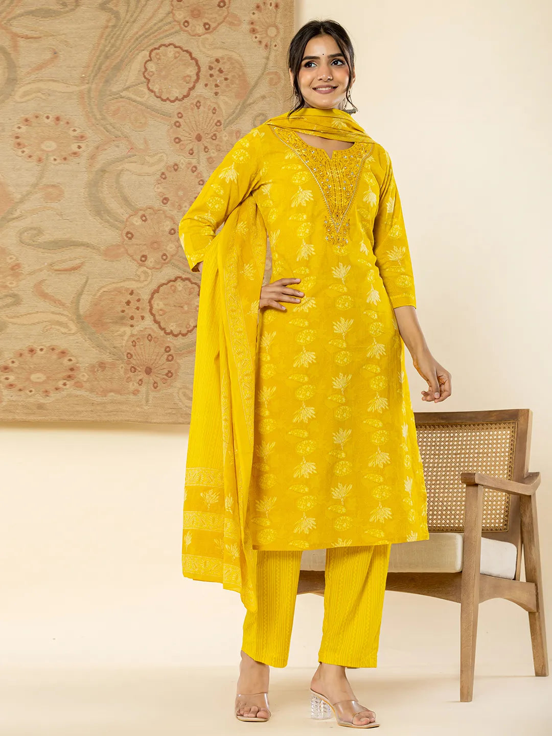 Yufta Cotton Mustard Floral Embroidery Mirror Work Kurta Dupatta Pant Set - Distacart