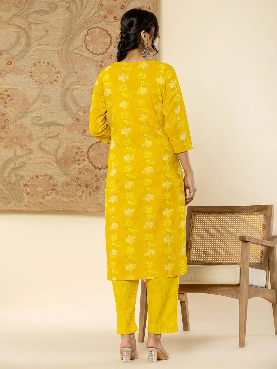 Yufta Cotton Mustard Floral Embroidery Mirror Work Kurta Dupatta Pant Set - Distacart