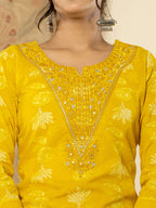 Yufta Cotton Mustard Floral Embroidery Mirror Work Kurta Dupatta Pant Set - Distacart