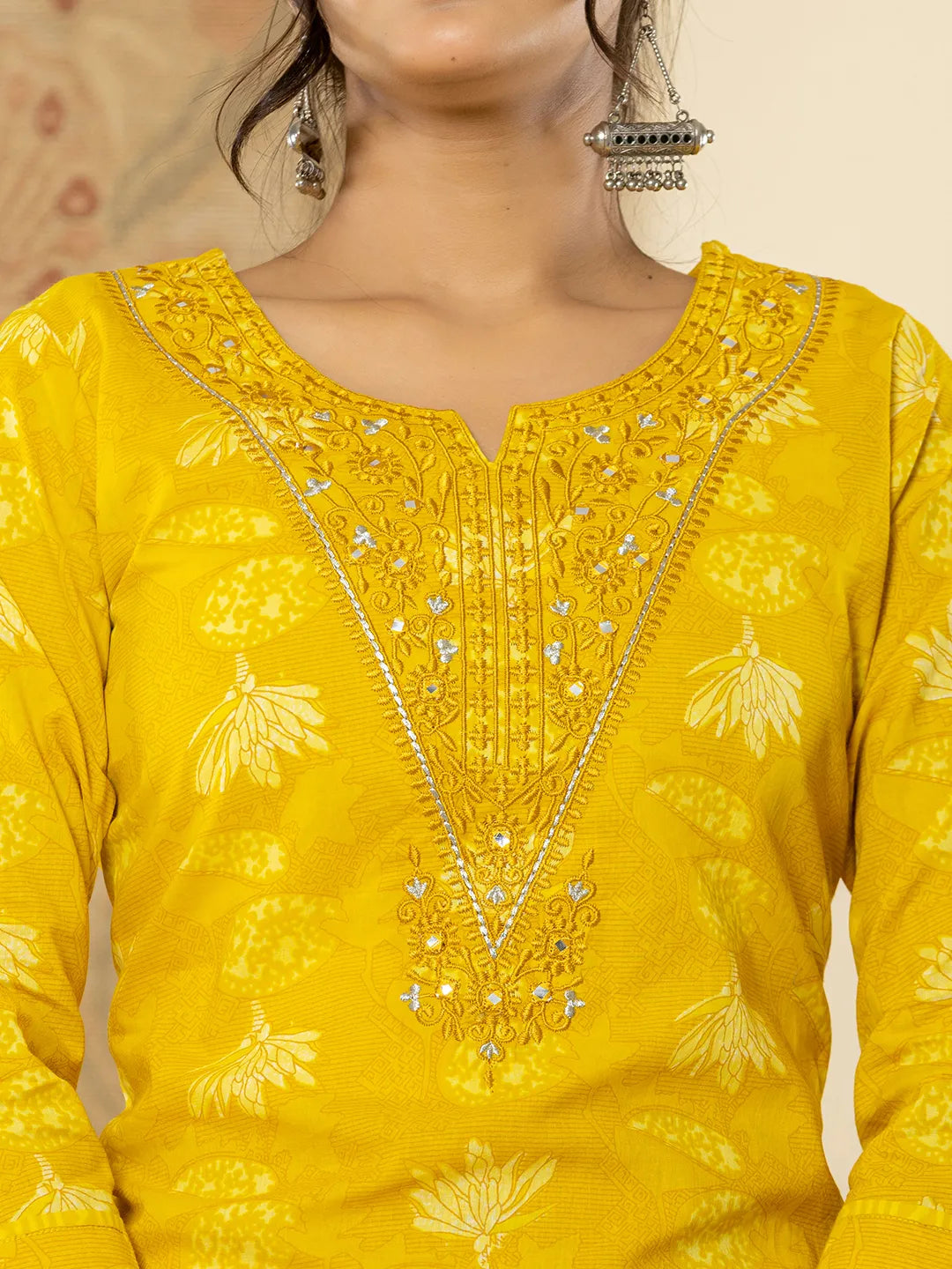 Yufta Cotton Mustard Floral Embroidery Mirror Work Kurta Dupatta Pant Set - Distacart