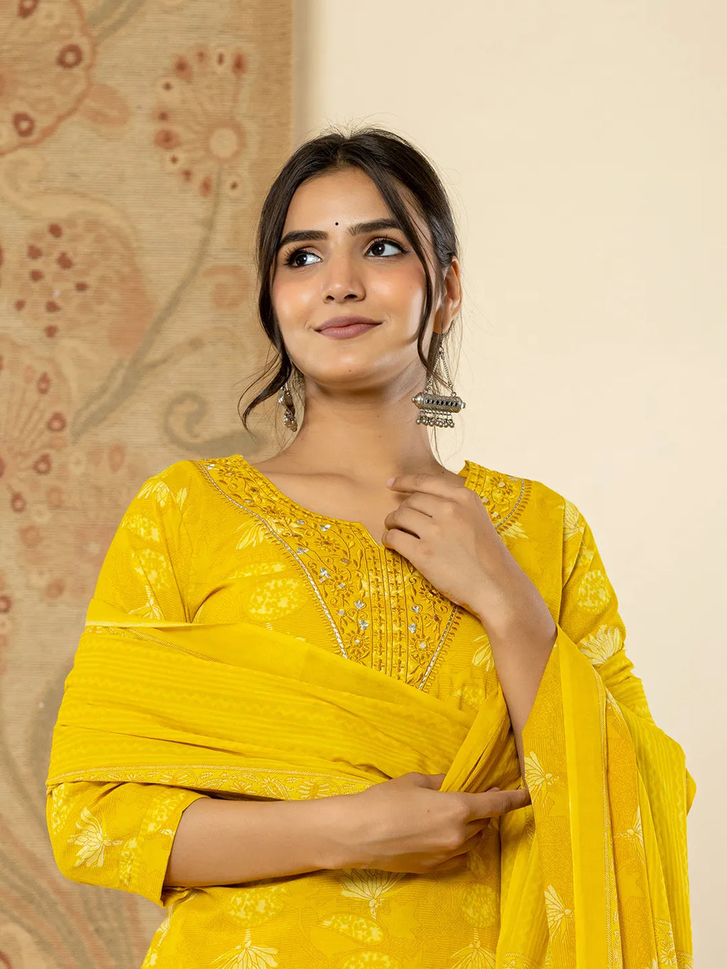 Yufta Cotton Mustard Floral Embroidery Mirror Work Kurta Dupatta Pant Set - Distacart