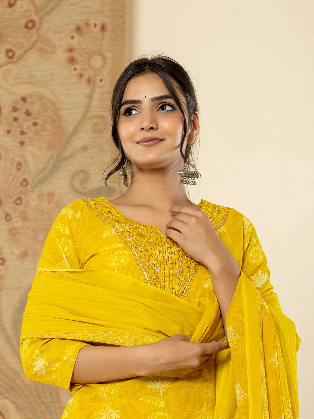 Yufta Cotton Mustard Floral Embroidery Mirror Work Kurta Dupatta Pant Set - Distacart