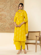 Yufta Cotton Mustard Floral Embroidery Mirror Work Kurta Dupatta Pant Set - Distacart