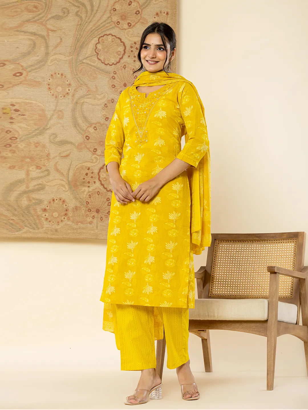Yufta Cotton Mustard Floral Embroidery Mirror Work Kurta Dupatta Pant Set - Distacart