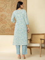 Yufta Pure Cotton Sky Blue Floral Embroidery Kurta Dupatta Pant Set - Distacart