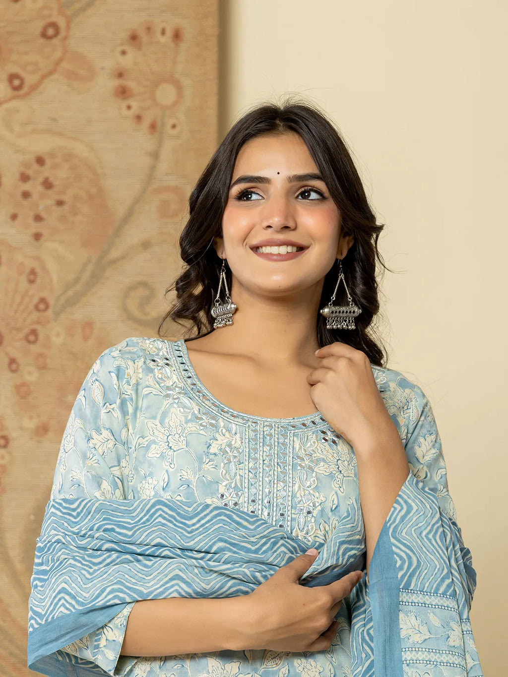 Yufta Pure Cotton Sky Blue Floral Embroidery Kurta Dupatta Pant Set - Distacart