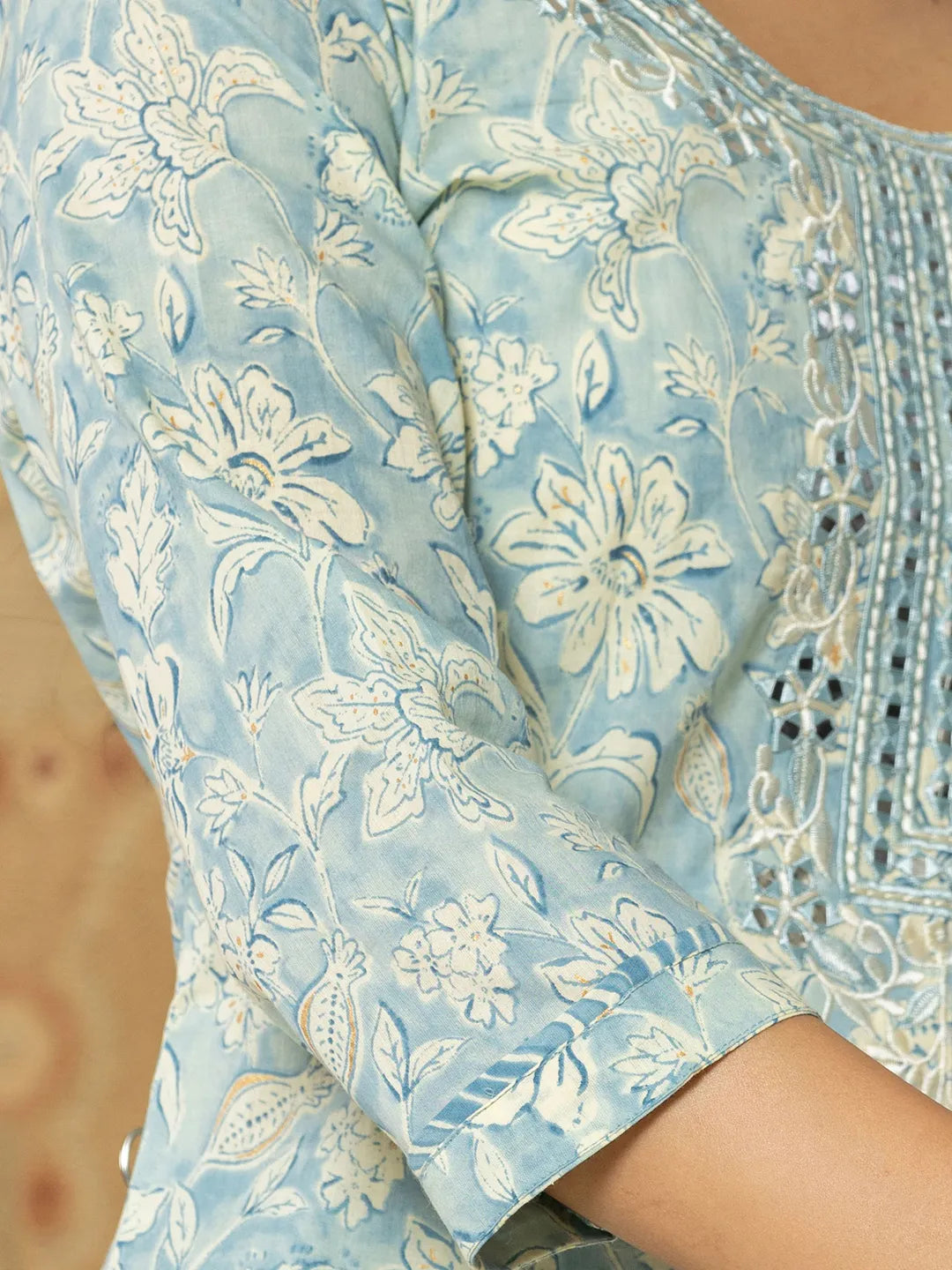 Yufta Pure Cotton Sky Blue Floral Embroidery Kurta Dupatta Pant Set - Distacart