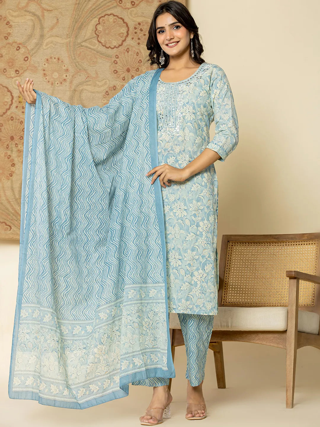 Yufta Pure Cotton Sky Blue Floral Embroidery Kurta Dupatta Pant Set - Distacart