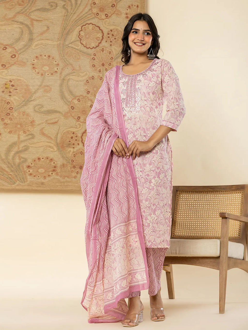 Yufta Pure Cotton Lavender Floral Embroidery Kurta Dupatta Pant Set - Distacart