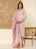Yufta Pure Cotton Lavender Floral Embroidery Kurta Dupatta Pant Set - Distacart