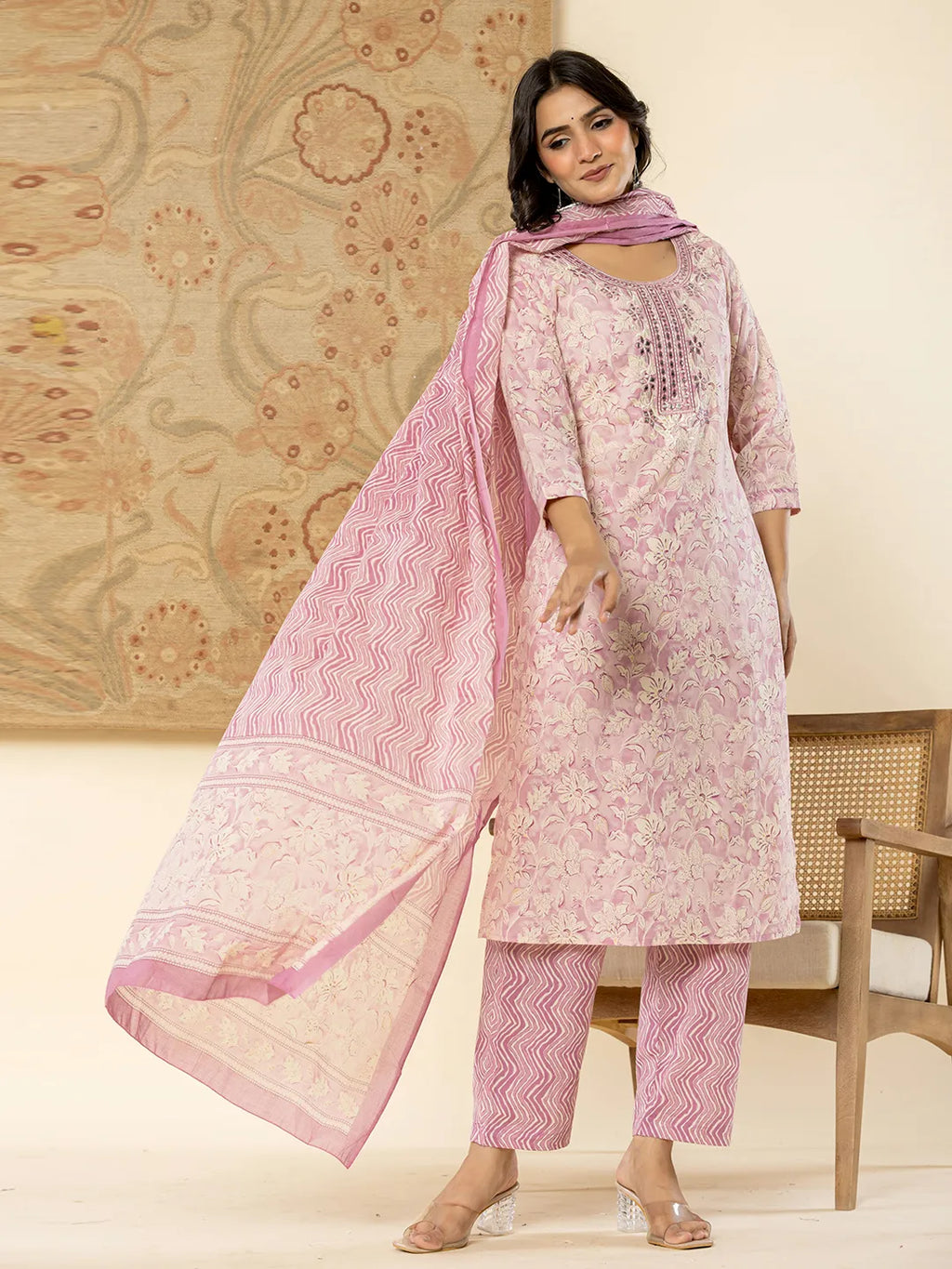 Yufta Pure Cotton Lavender Floral Embroidery Kurta Dupatta Pant Set - Distacart