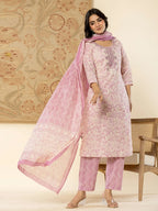 Yufta Pure Cotton Lavender Floral Embroidery Kurta Dupatta Pant Set - Distacart