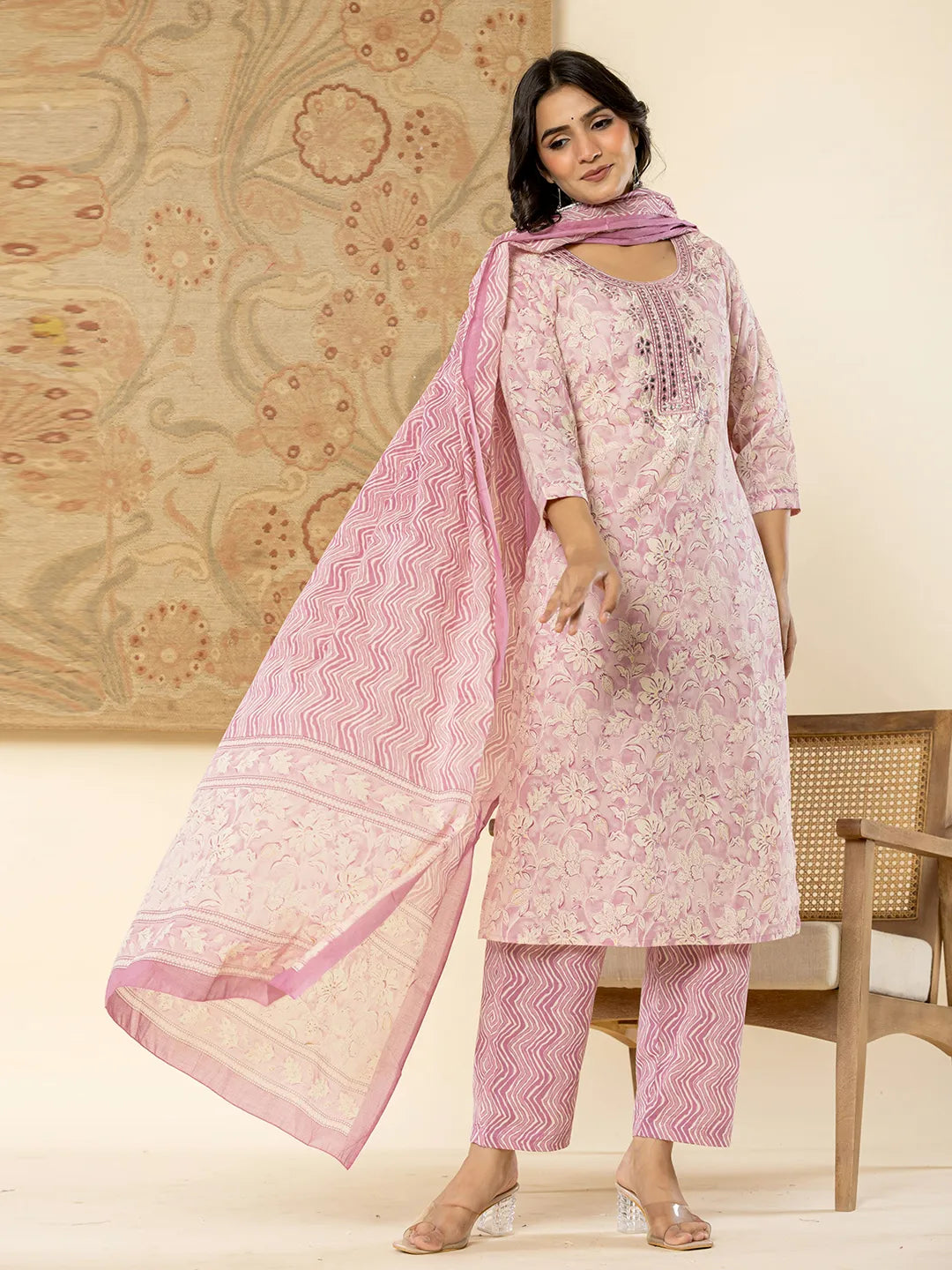 Yufta Pure Cotton Lavender Floral Embroidery Kurta Dupatta Pant Set - Distacart