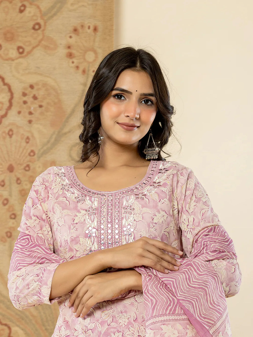 Yufta Pure Cotton Lavender Floral Embroidery Kurta Dupatta Pant Set - Distacart