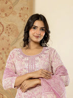 Yufta Pure Cotton Lavender Floral Embroidery Kurta Dupatta Pant Set - Distacart