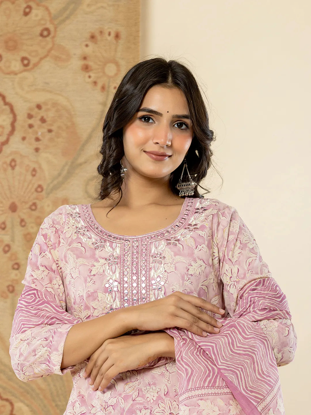 Yufta Pure Cotton Lavender Floral Embroidery Kurta Dupatta Pant Set - Distacart