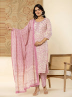 Yufta Pure Cotton Lavender Floral Embroidery Kurta Dupatta Pant Set - Distacart
