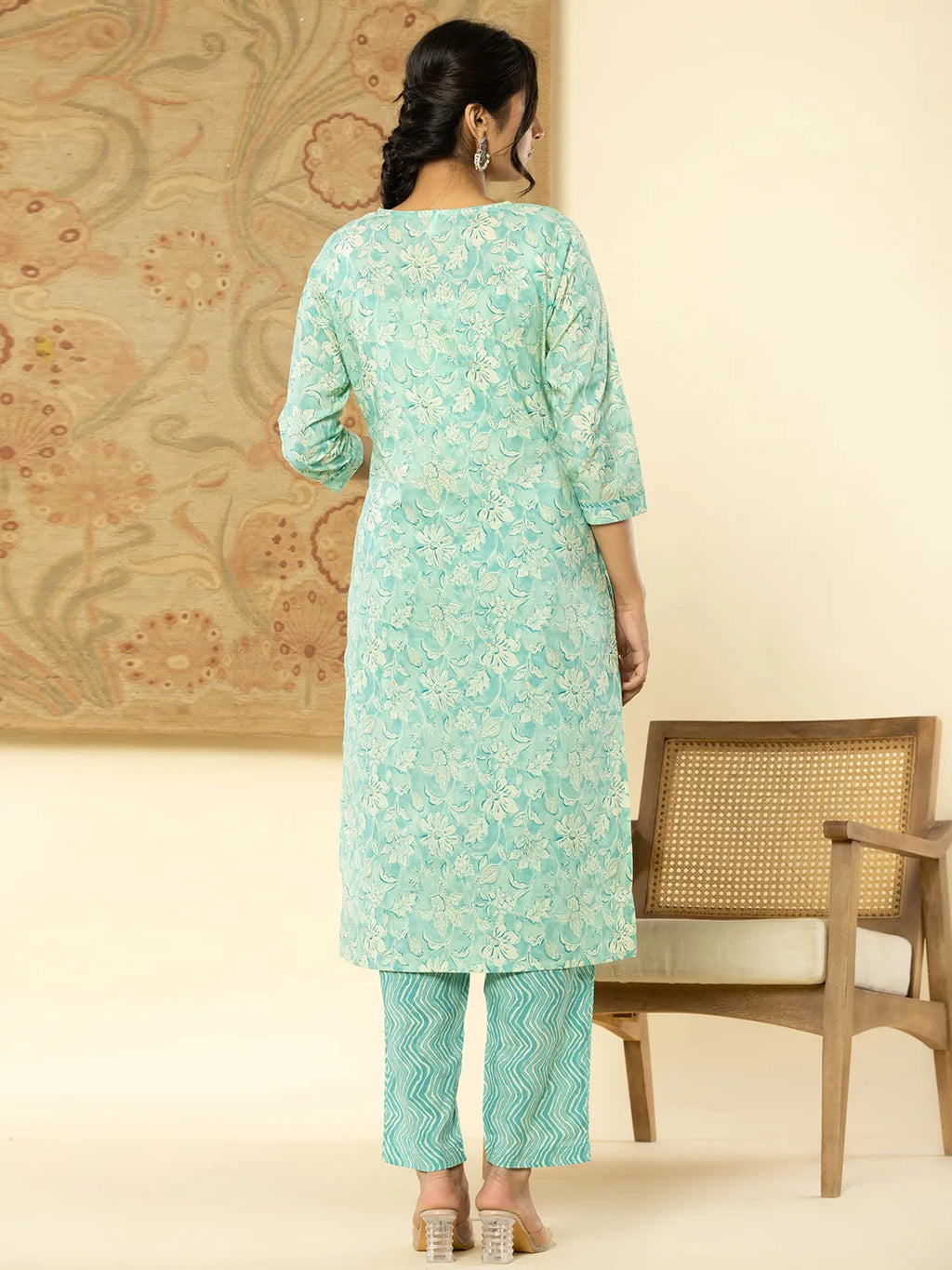Yufta Pure Cotton Sea Green Floral Embroidery Kurta Dupatta Pant Set - Distacart