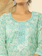 Yufta Pure Cotton Sea Green Floral Embroidery Kurta Dupatta Pant Set - Distacart