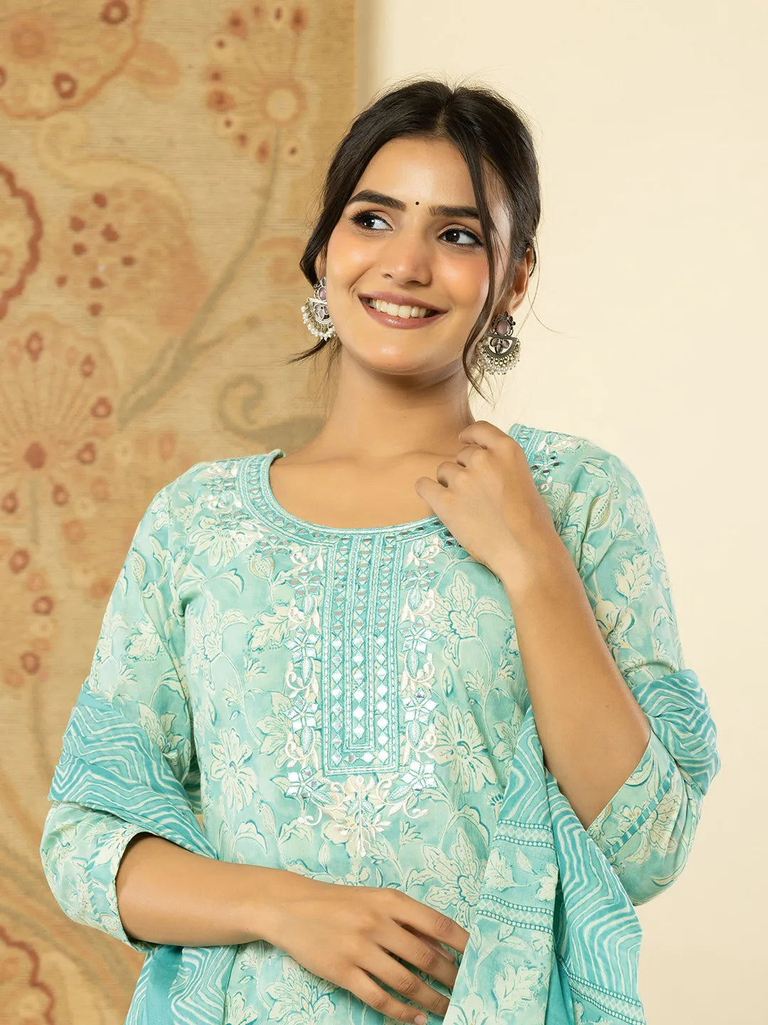 Yufta Pure Cotton Sea Green Floral Embroidery Kurta Dupatta Pant Set - Distacart