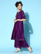 Sangria Women Purple & Silver Ethnic Motifs Gotta Patti Kurta with Palazzos & Dupatta