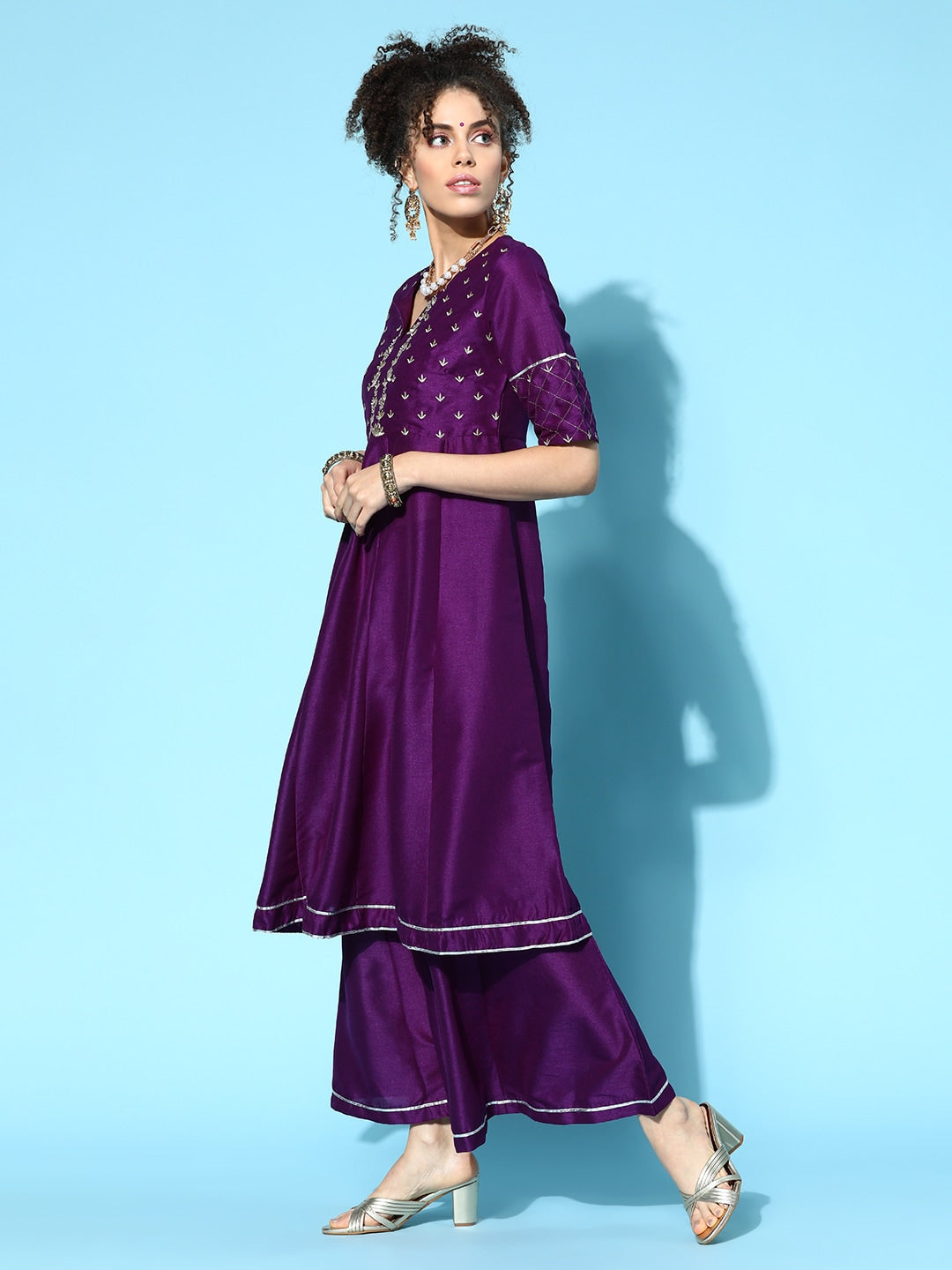 Sangria Women Purple & Silver Ethnic Motifs Gotta Patti Kurta with Palazzos & Dupatta