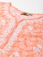 ADA Women Peach-Coloured & White Ethnic Motifs Chikankari Cotton Handloom Kurta