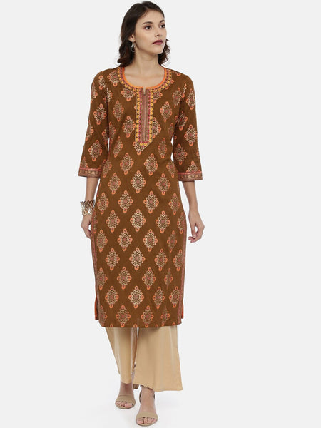 Souchii Brown & Mustard Printed Straight Kurta