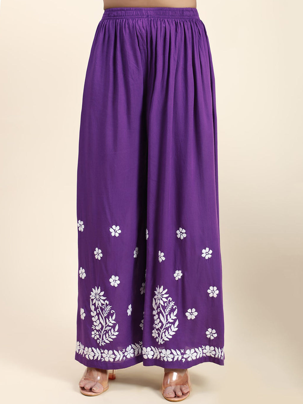 HOUSE OF KARI Women Purple Floral Embroidered Chikankari Pure Cotton Kurta with Palazzos
