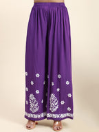 HOUSE OF KARI Women Purple Floral Embroidered Chikankari Pure Cotton Kurta with Palazzos