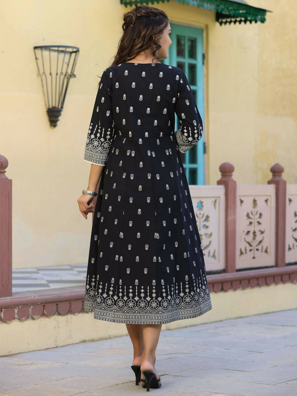 Juniper Women's Black Printed Anarkali Flared Dress - Distacart