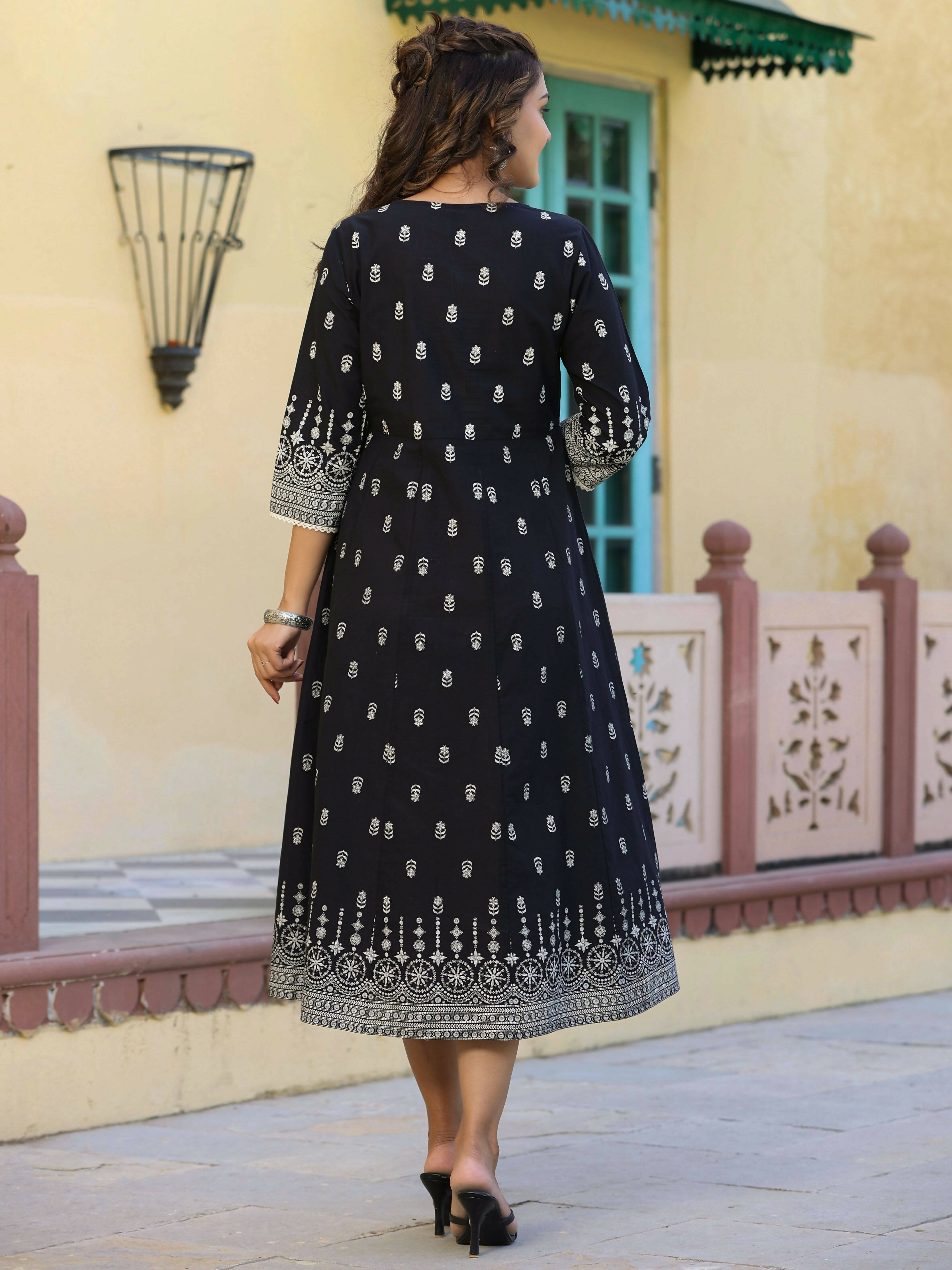 Juniper Women's Black Printed Anarkali Flared Dress - Distacart